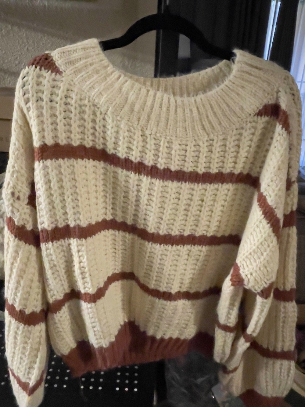 Carly Jean Los Angeles Cream & Brown Striped Chunky Crewneck Sweater
